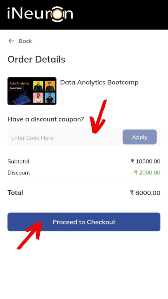 iNeuron Coupon Code Sign up billing